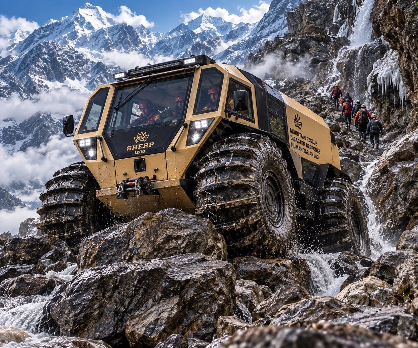 SHERP extreme-terrain vehicle climbing a rocky high-mountain slope with a rescue team